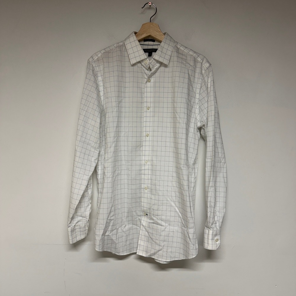 Banana Republic Mens Size M Standard Fit Non-Iron 100% Cotton Shirt White Navy